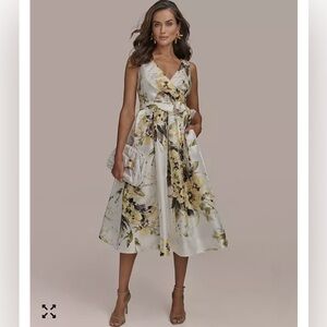 Donna Karan Cream Midi Dress with Yellow Floral Print